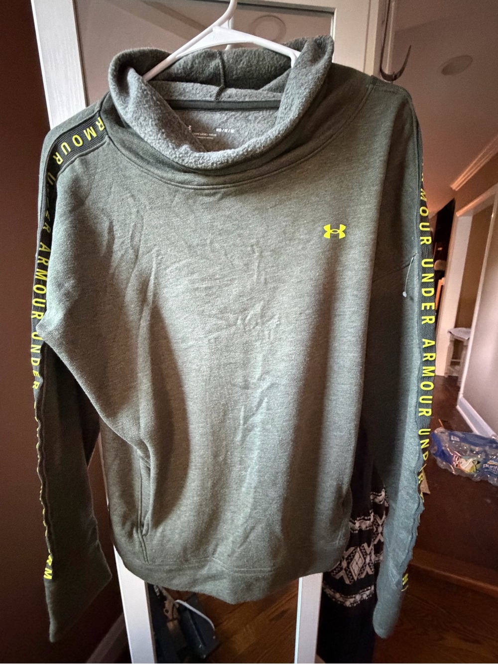 Under Armour Olive Green Cowl Neck Pullover with Yellow Rubber Logo, M